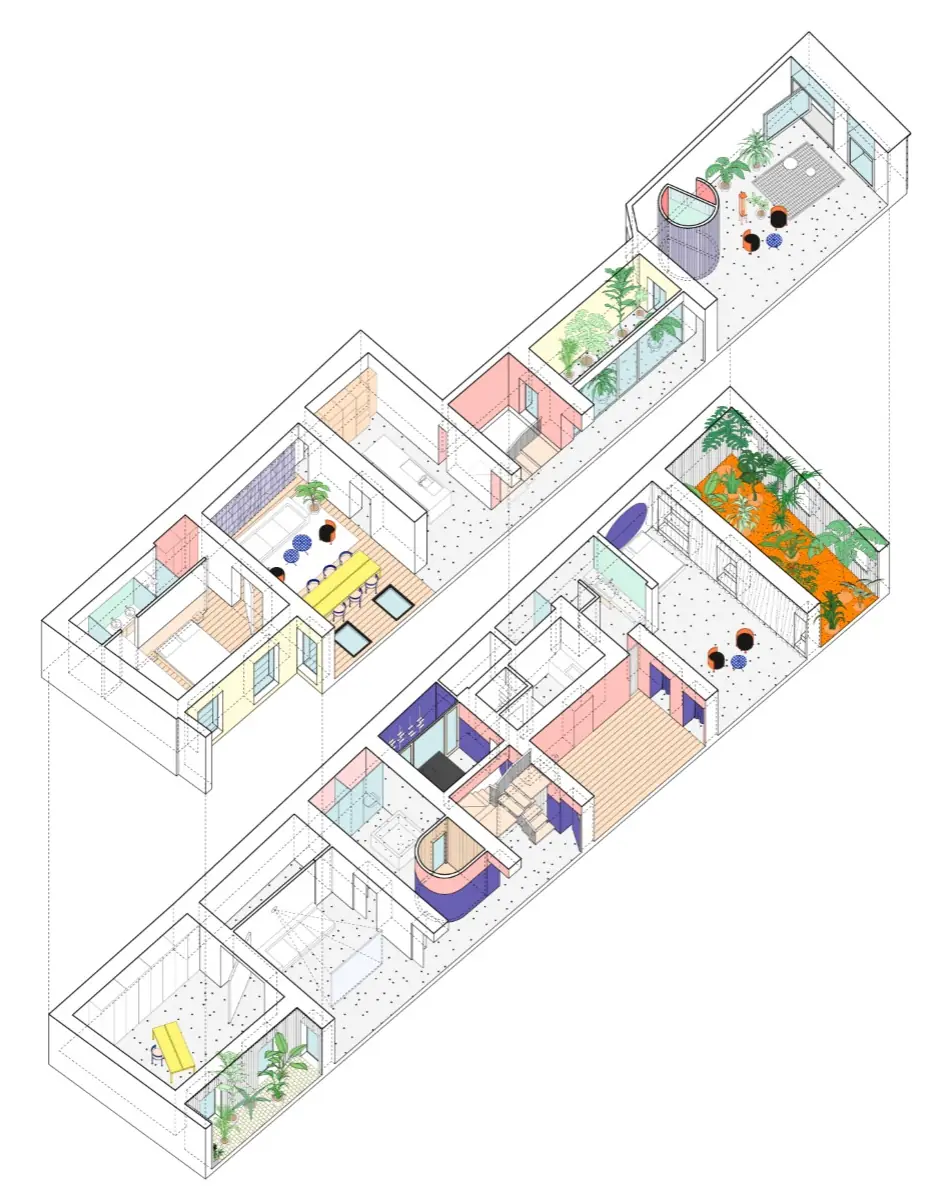 Axonometría en color de los dos niveles de la vivienda separados