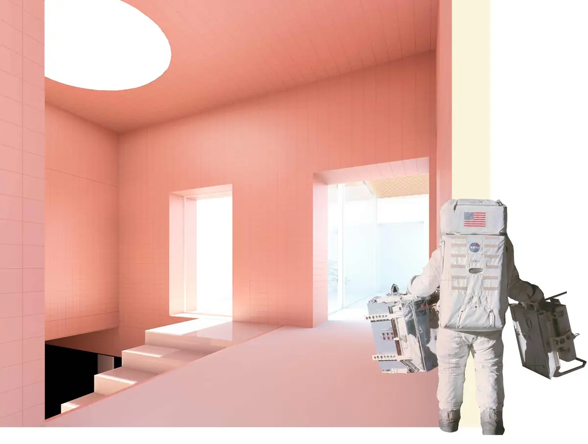 Collage de un espacio rosa con lucernario oval y escalera, con un astronauta en primer plano
