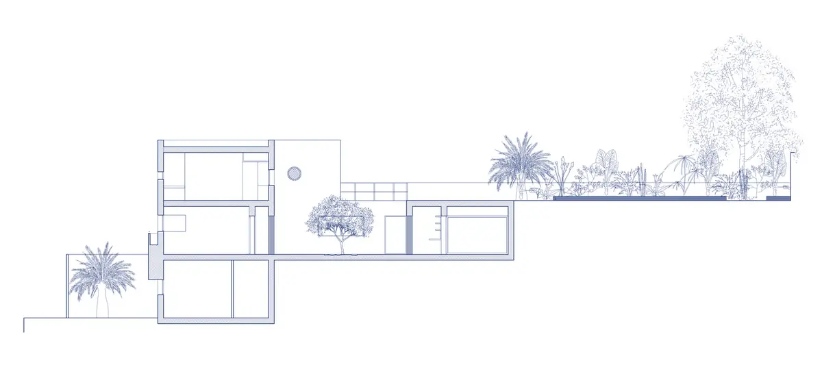 Sección de la vivienda en tres niveles, con el patio y el jardín