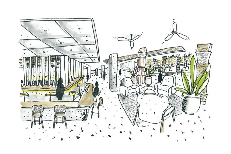 Boceto a color de la planta baja del hotel con barra, butacas, plantas y columnas revestidas