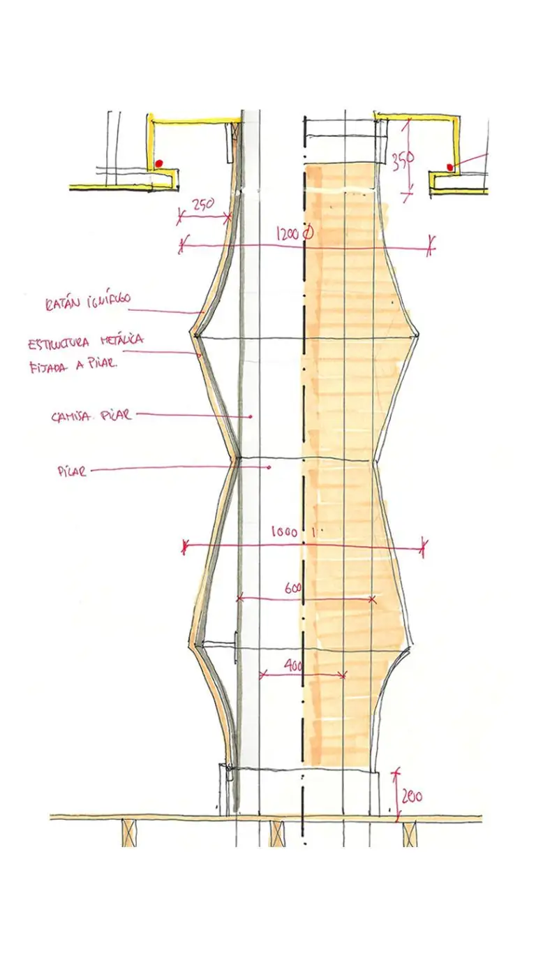 Dibujo de detalle de una columna con revestimiento de ratán sobre estructura metálica y cotas