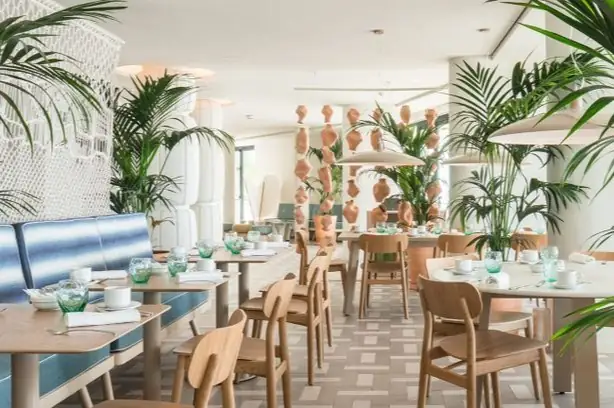 Restaurante con mesas de madera, bancos tapizados, palmeras y un biombo de jarrones de terracota