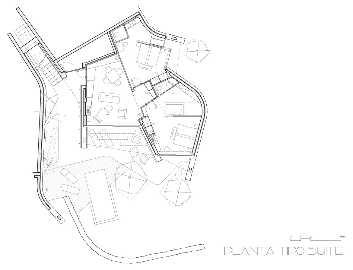 Planta tipo de una villa suite con dos dormitorios, salón, terraza y piscina