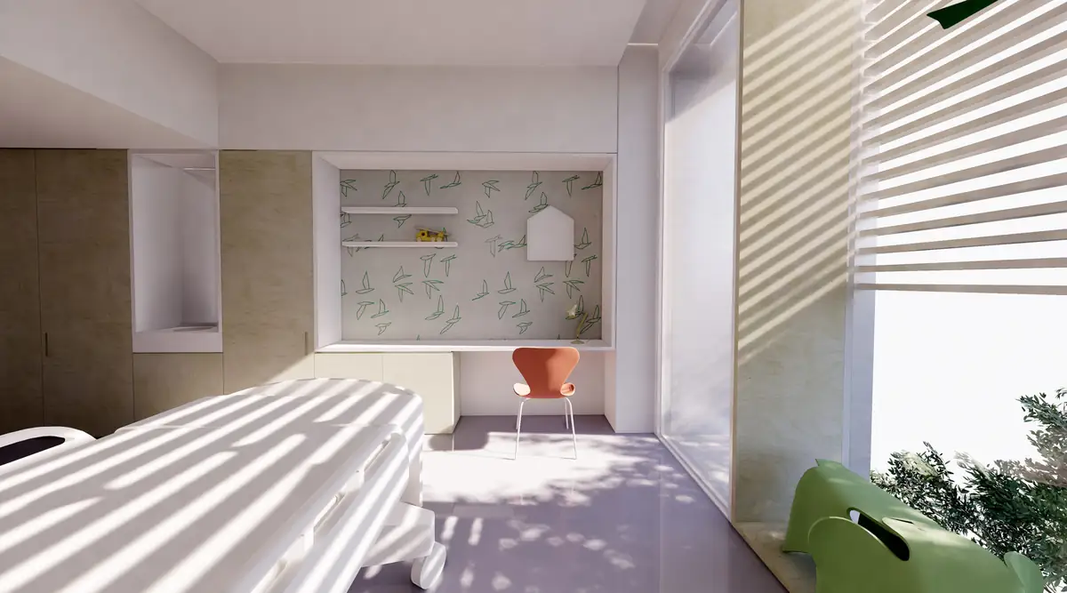 Render de una habitación con zona de estudio, silla naranja y ventanal con lamas
