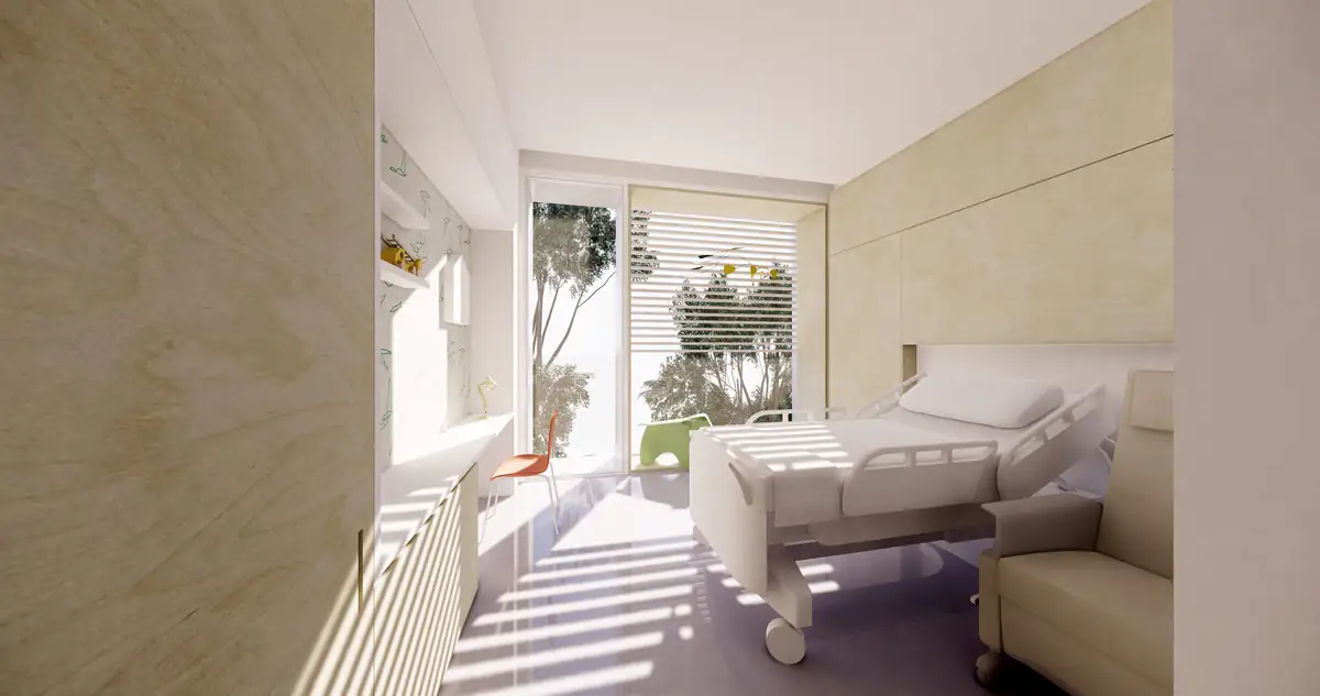 Render de una habitación de hospitalización con cama, sillón para el acompañante y ventanal al jardín