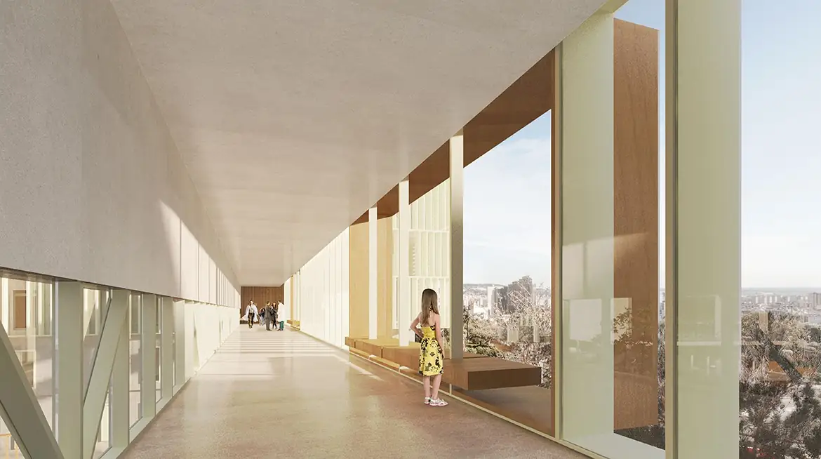 Render de un corredor acristalado con bancos de madera y vistas a la ciudad