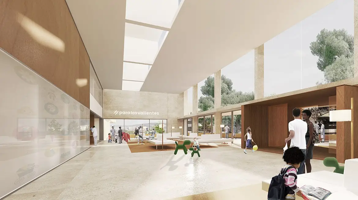Render del vestíbulo a doble altura con lucernario y el lema #paralosvalientes