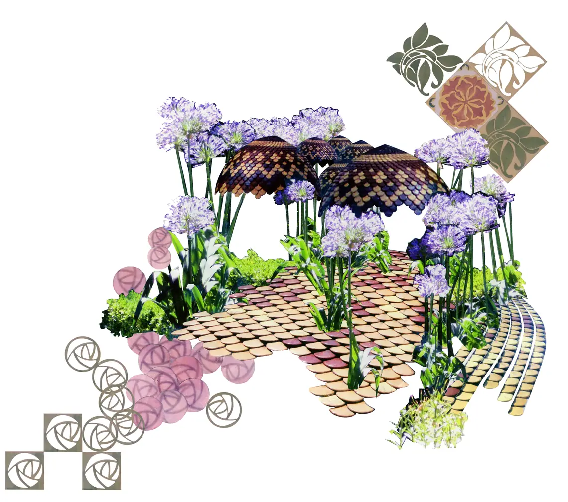 Collage con flores de agapanto, cubiertas de escamas cerámicas y motivos modernistas sobre fondo blanco