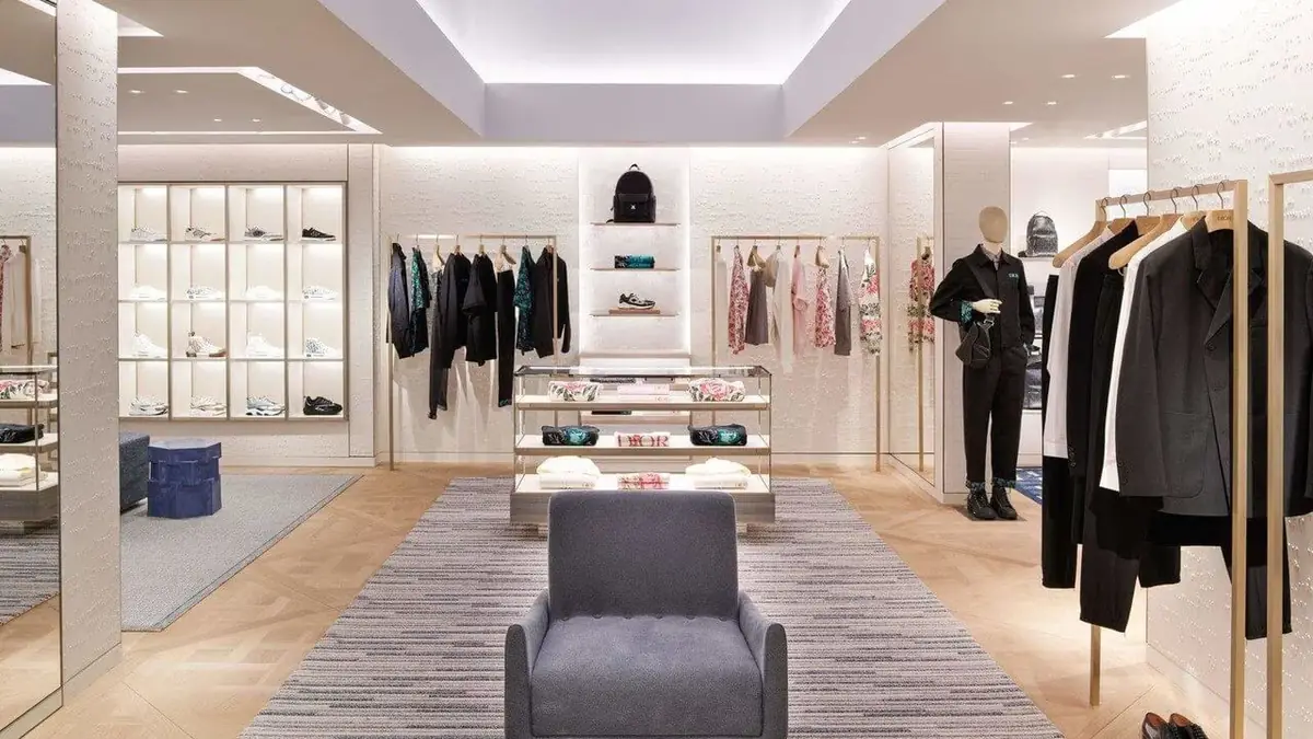 Interior de la tienda Dior de Oslo, con burros de ropa, estanterías iluminadas, una butaca gris y alfombras de rayas