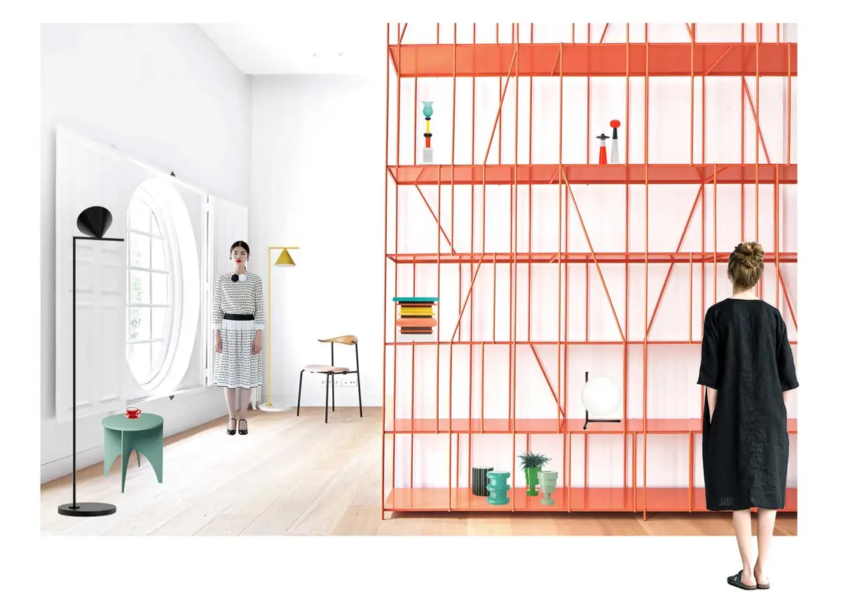 Collage de un interior blanco con una gran estantería metálica naranja, una ventana ovalada y figuras recortadas