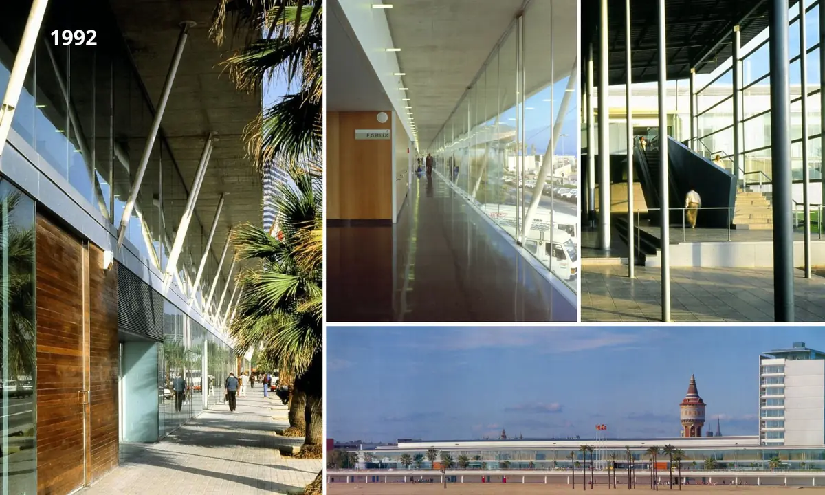 Composición de cuatro fotografías del Hospital del Mar en 1992: porche con revestimiento de madera, pasillo acristalado, vestíbulo y vista desde la playa