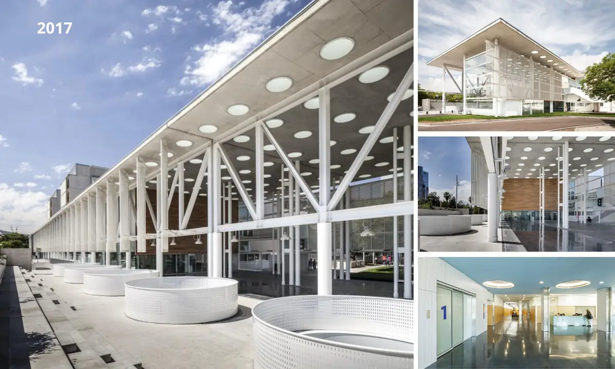 Composición de fotografías de la ampliación de 2017 del Hospital del Mar: porche de pilares blancos con lucernarios circulares, fachada acristalada y vestíbulo
